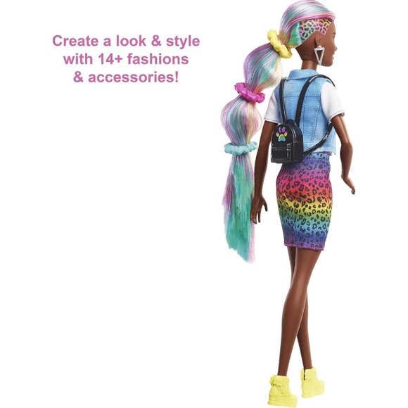 🆕 Barbie Leopard Rainbow Hair Doll Including Scrunchies Fashion Tops Cat Purse - Picture 3 of 6